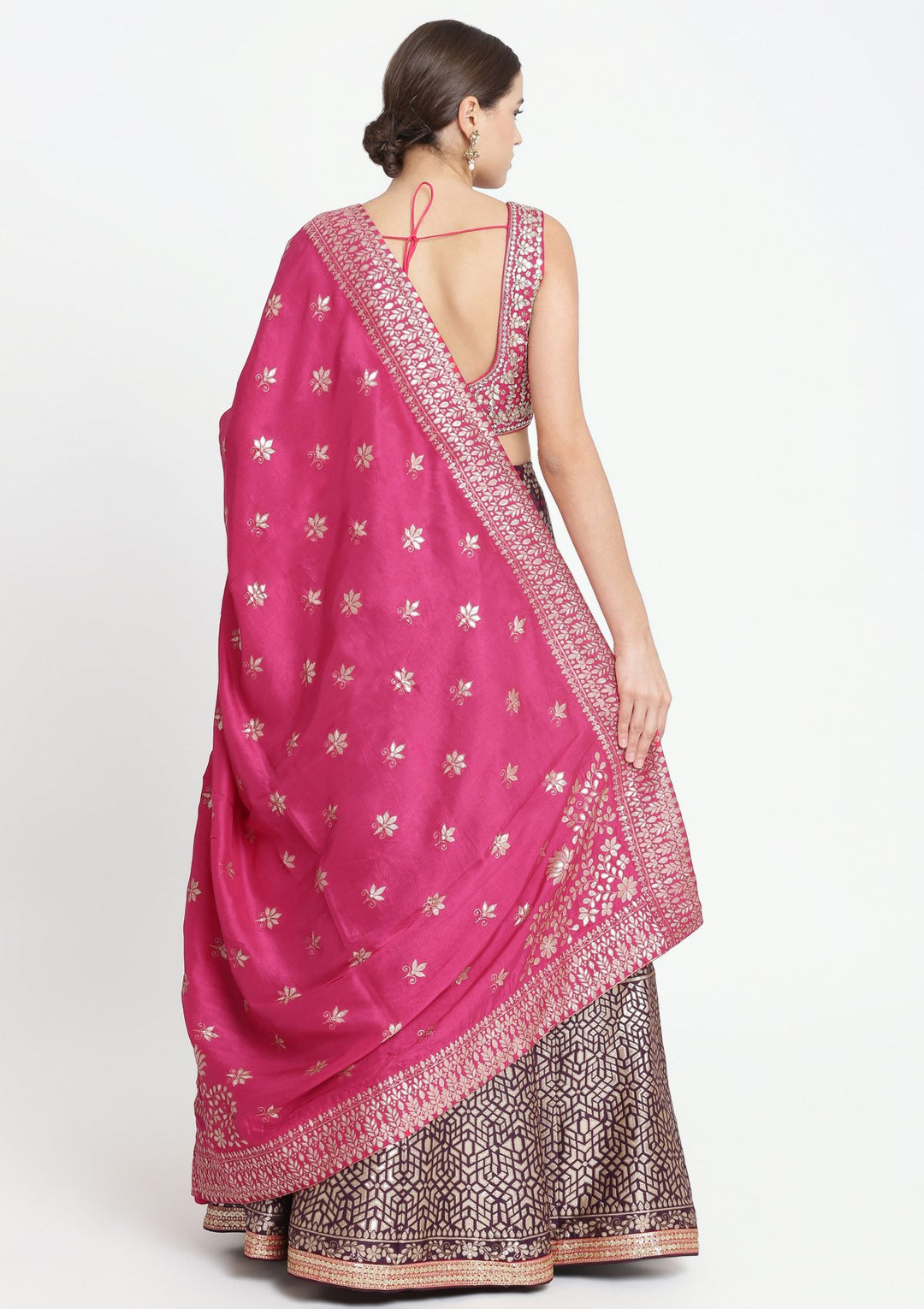 Wine and Fuschia Gotapatti Brocade Designer Lehenga-Koskii