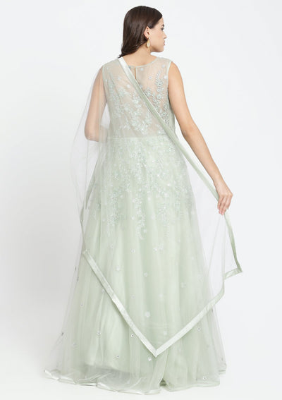Pista Green Threadwork Net Designer Gown-Koskii
