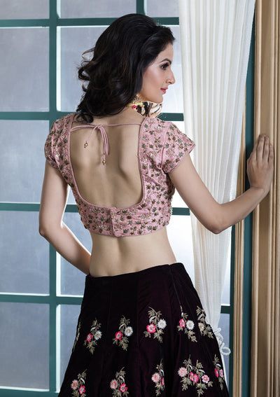 Wine Red Threadwork Velvet Designer Lehenga-Koskii