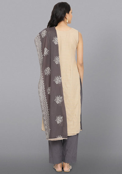 Beige Threadwork Cotton Designer Salwar Suit-Koskii