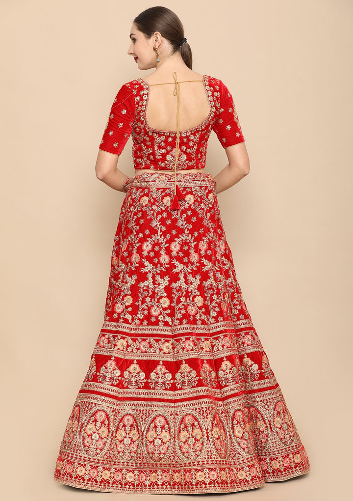 Red Zari Work Velvet Designer Lehenga-Koskii