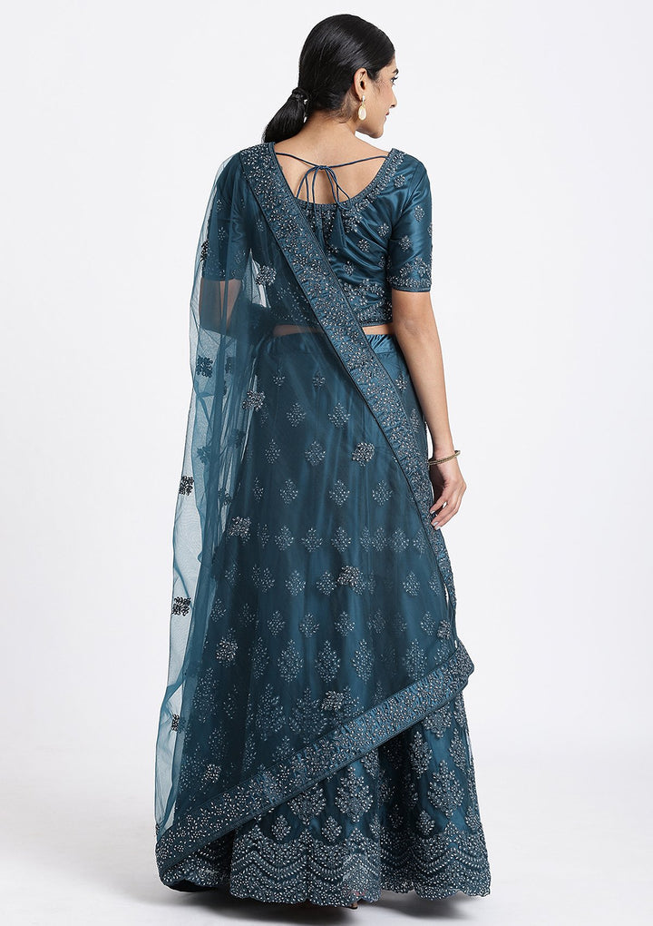 Peacock Blue Thread Work Net Designer Lehenga-Koskii