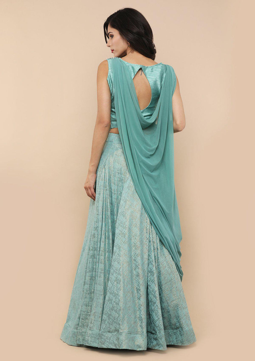Sea Green Raw Silk Drape Designer Lehenga-Koskii