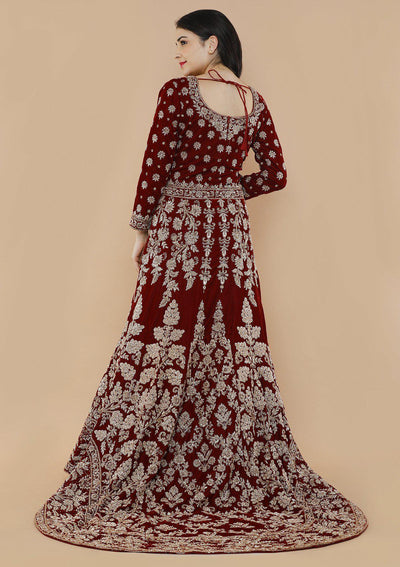 Maroon Zardozi Velvet Designer Gown-Koskii