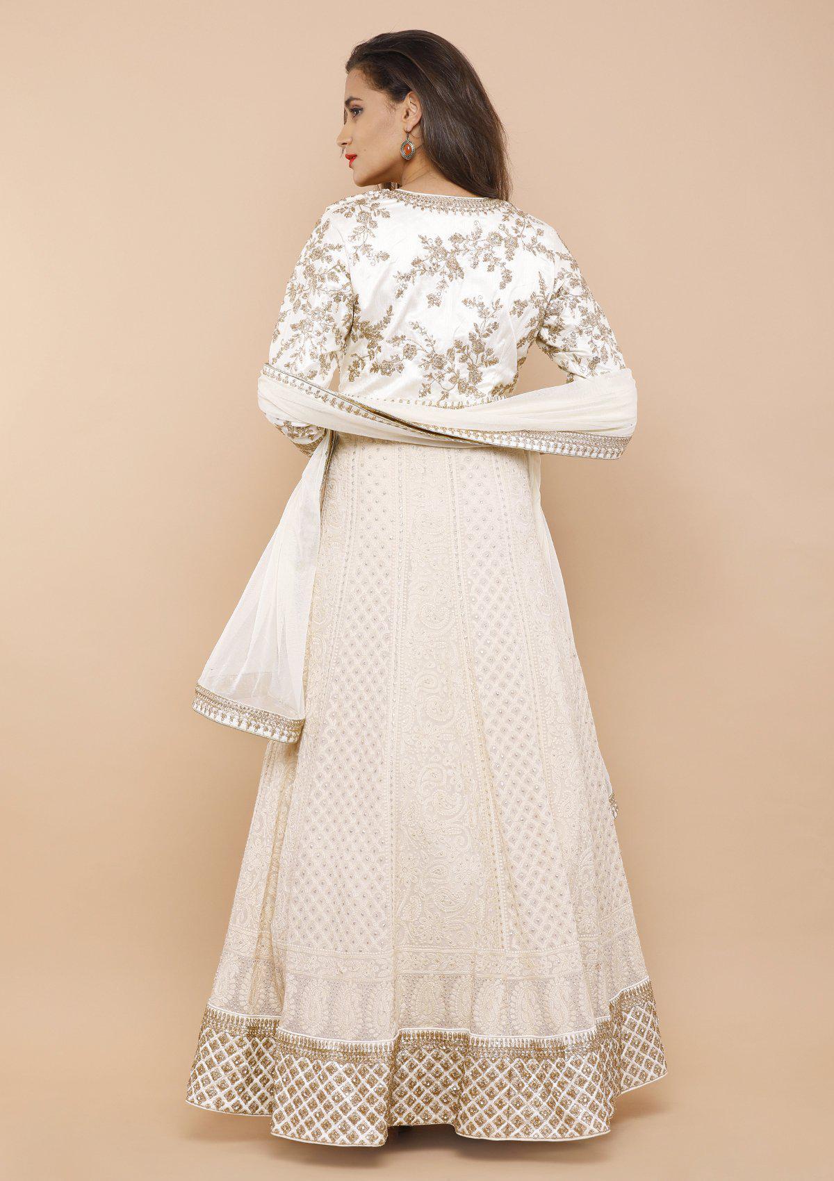 Cream Shrug Chikan Work Designer Gown-Koskii