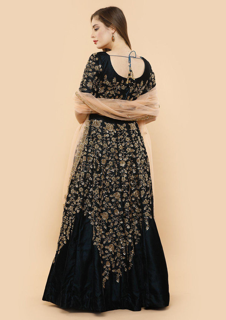 koskii forest green zari velvet bridal lehenga-Koskii