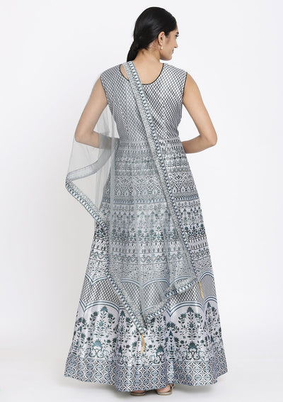 Light Grey Sequins Raw Silk Designer Gown - koskii