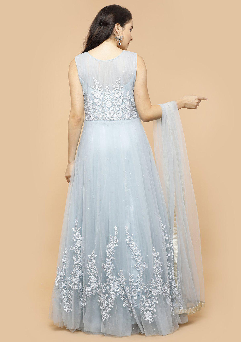 Powder Blue Threadwork Net Designer Gown-Koskii