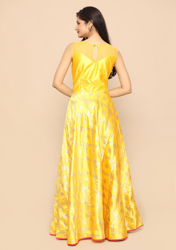 Yellow Zari Work Silk Designer Gown-Koskii
