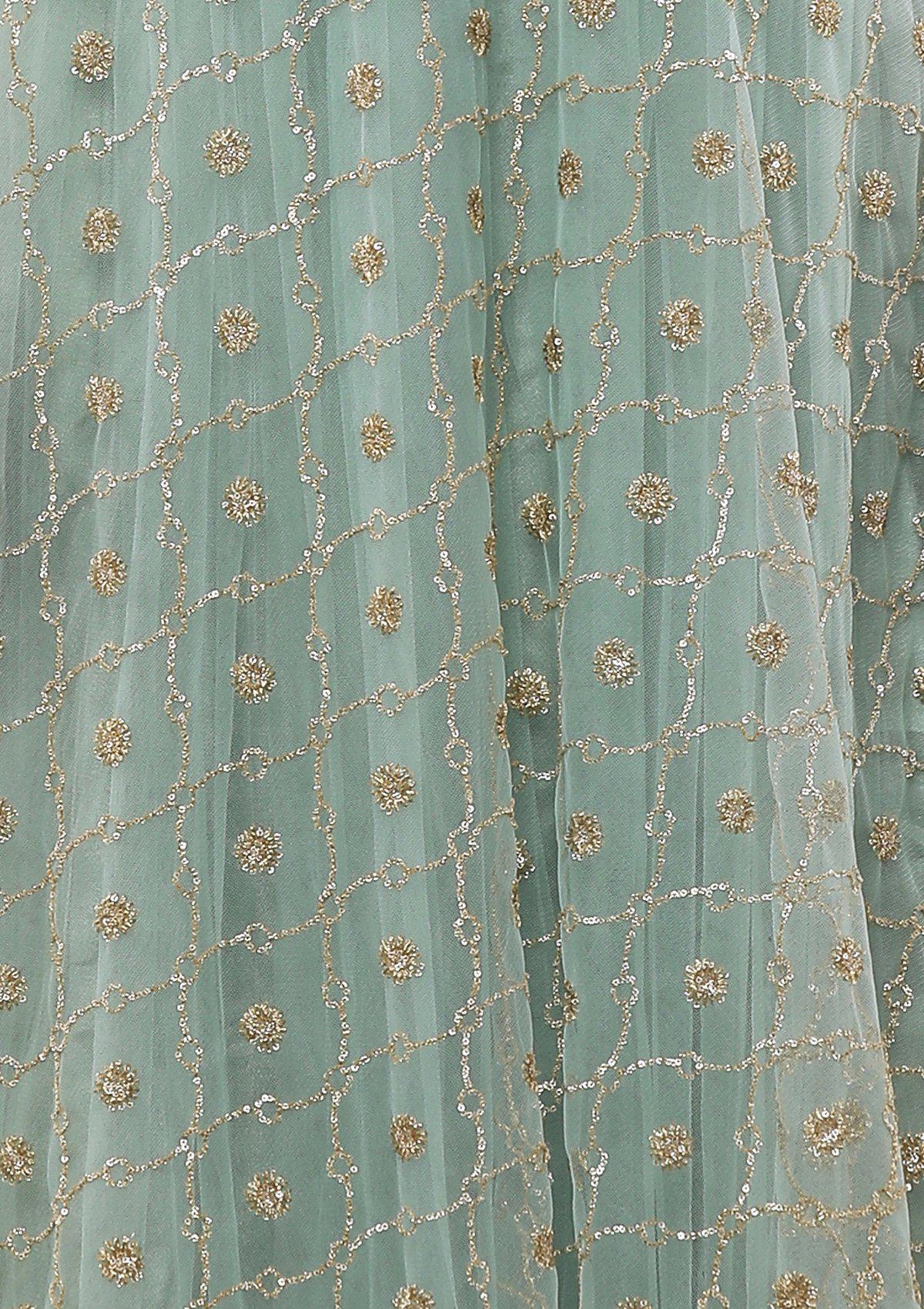 Pista Green Embroidered Silk Designer Gown-Koskii