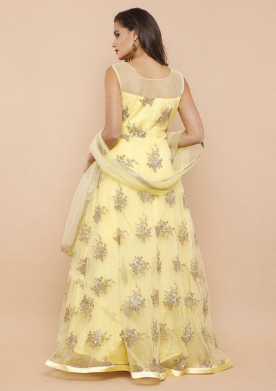 Sunshine Yellow Floral Net Designer Gown-Koskii