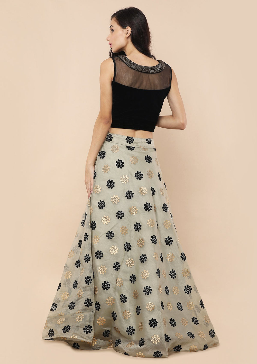 Teal Green Stone Work Velvet Designer Lehenga-Koskii