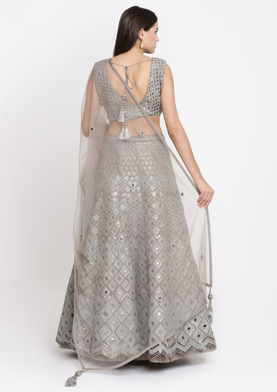 Grey Mirrorwork Tissue Designer Lehenga-Koskii