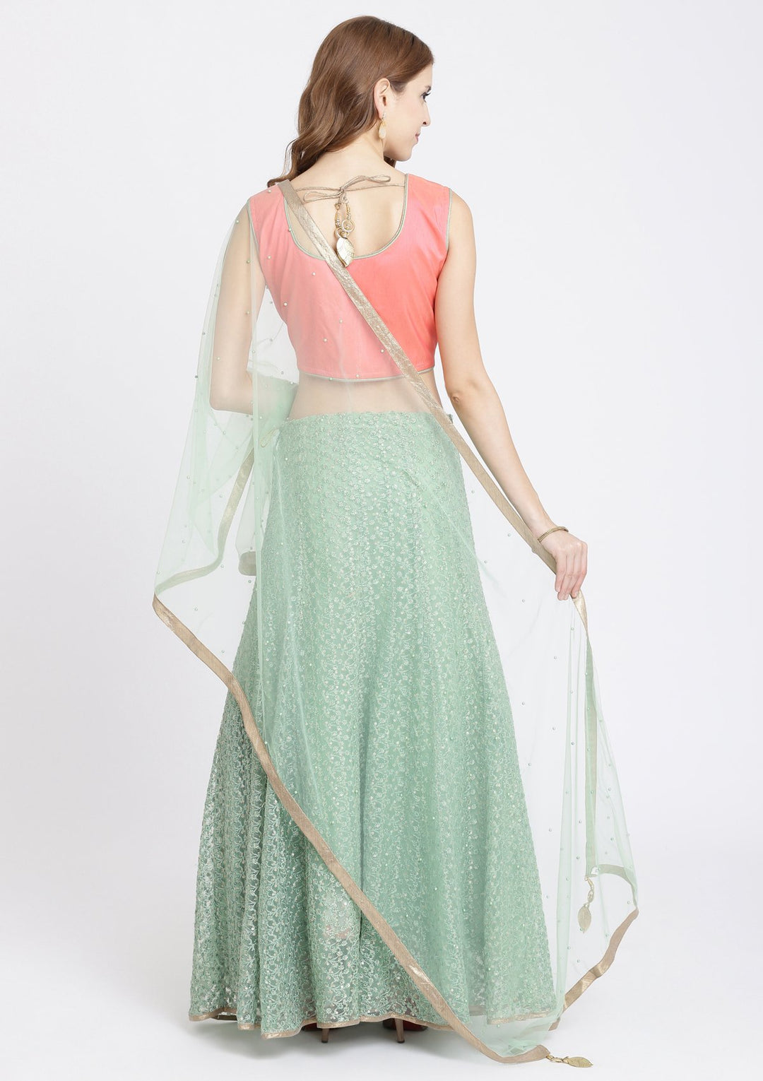 Pista Green Cutdana Net Designer Lehenga-Koskii