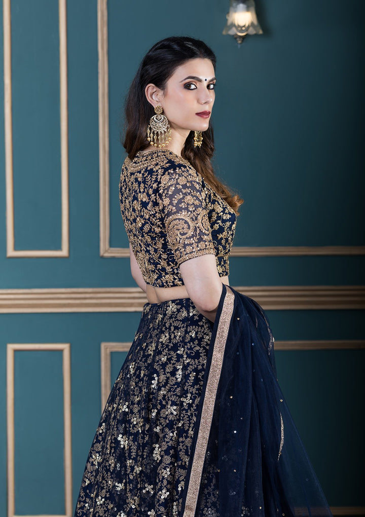 Navy Blue Embellished Net Designer Lehenga-Koskii