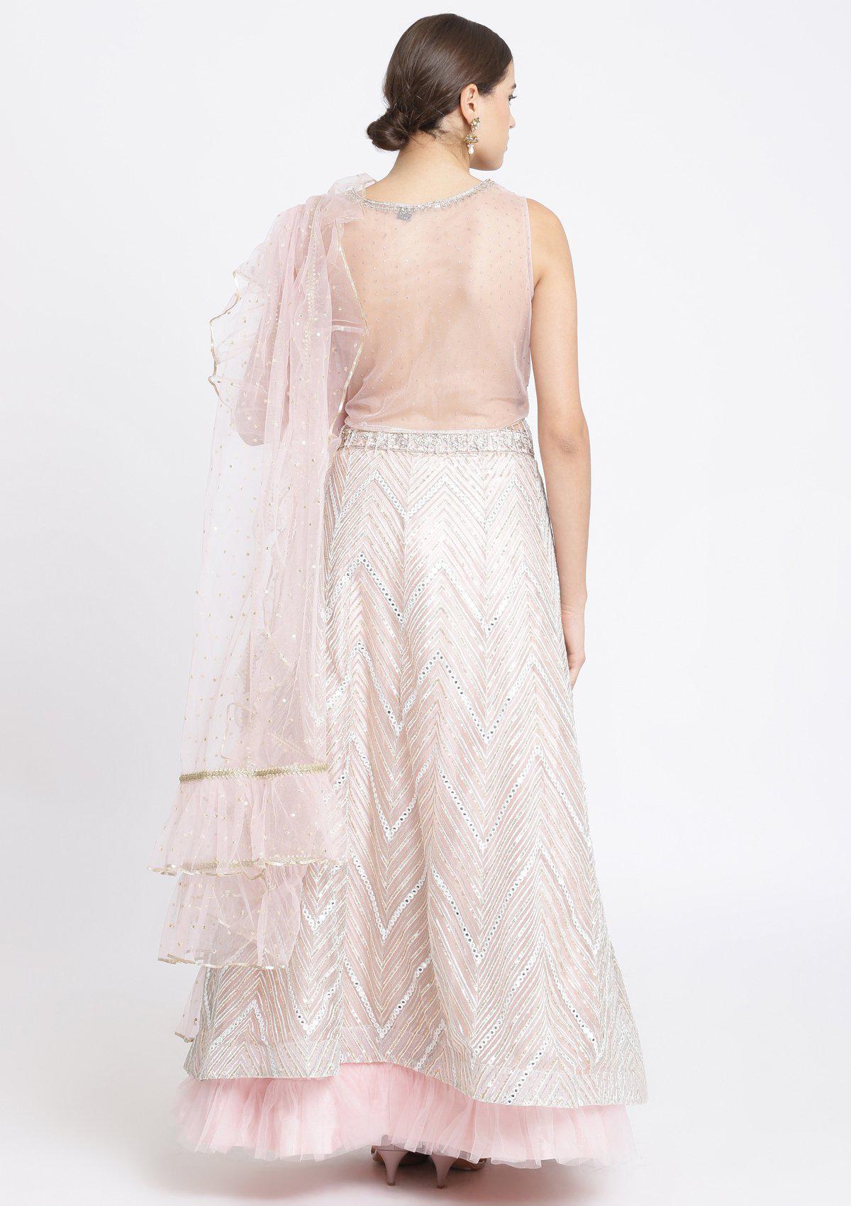 Baby Pink Silver Stonework Net Designer Lehenga-Koskii
