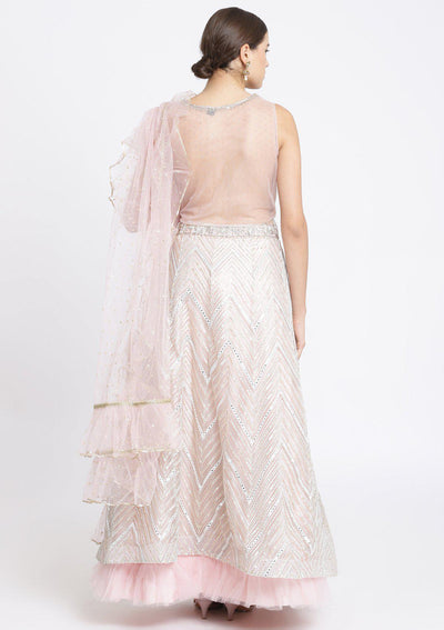 Baby Pink Silver Stonework Net Designer Lehenga-Koskii
