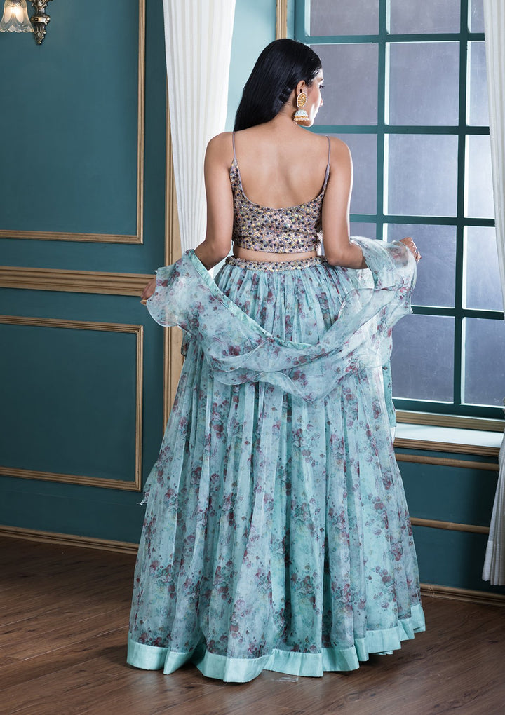 Sea Green Printed Designer Lehenga-Koskii