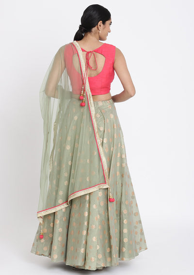 Pista Green And Pink Mirrorwork Tissue Designer Lehenga - koskii