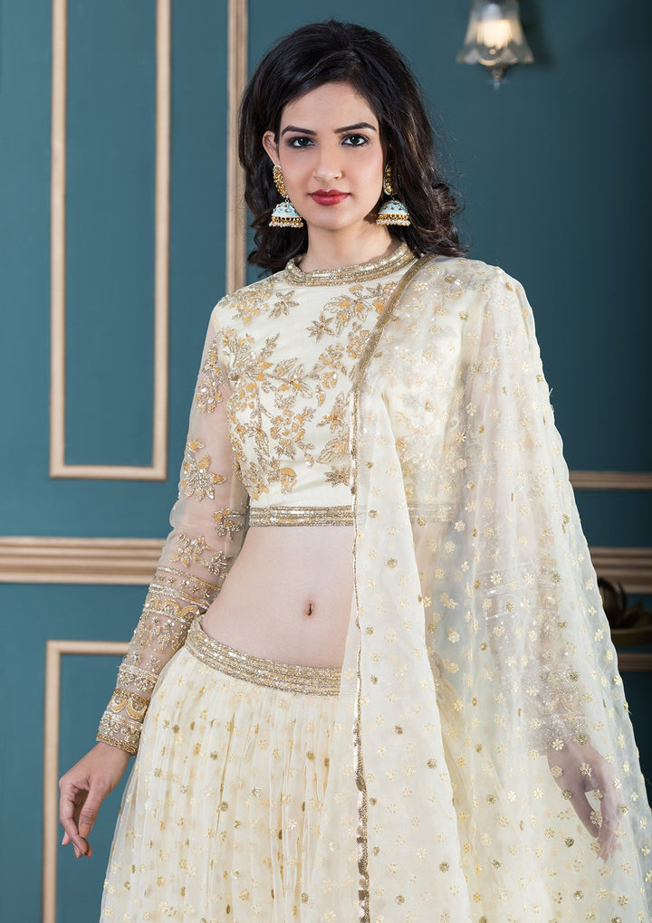 Yellow Embellished Net Designer Lehenga-Koskii