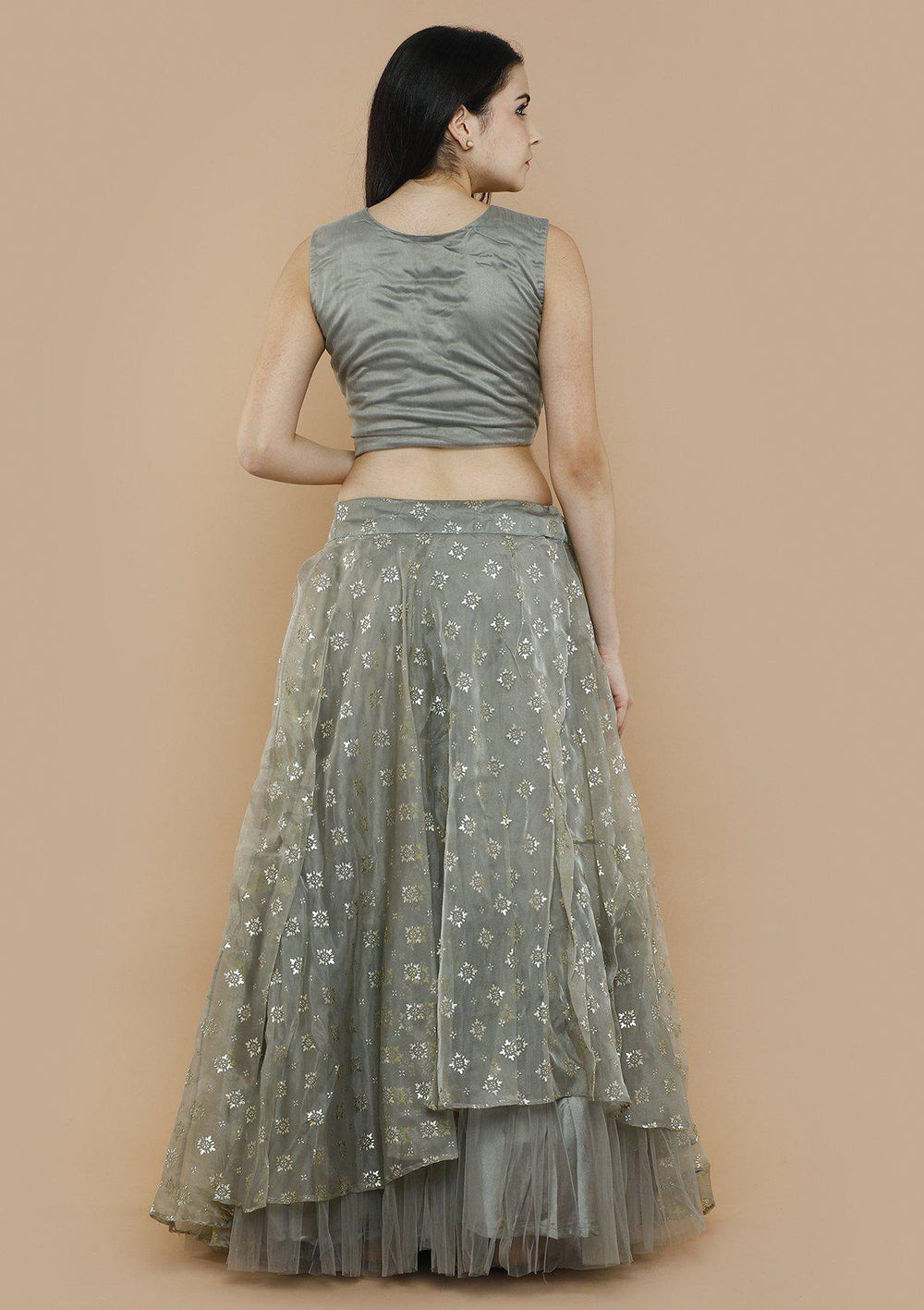 Grey Tissue Silk Net Designer Lehenga-Koskii