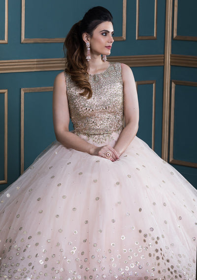 Peach Pink Embellished Net Designer Gown-Koskii