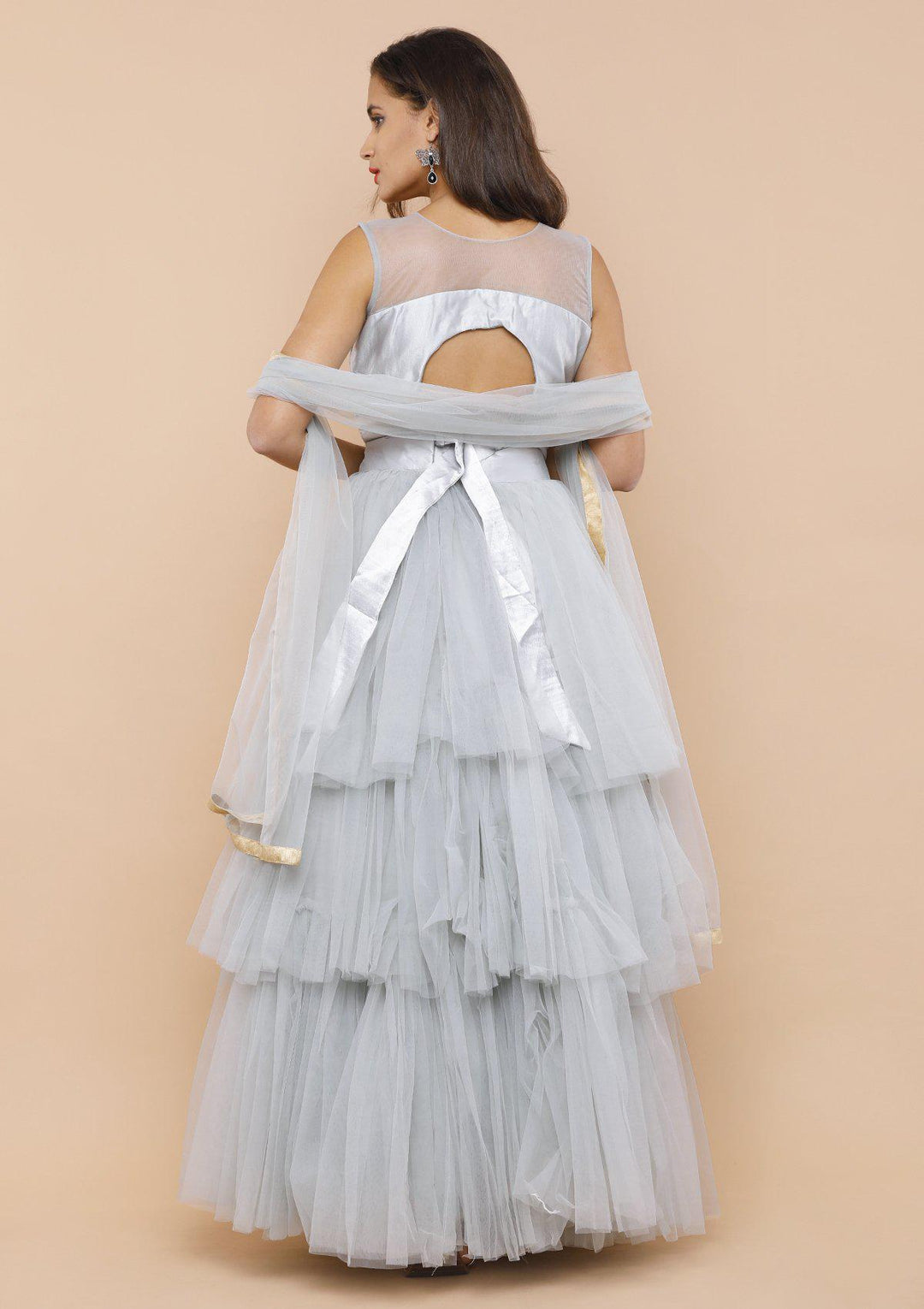 Silver Grey Ruffled Net Designer Lehenga-Koskii