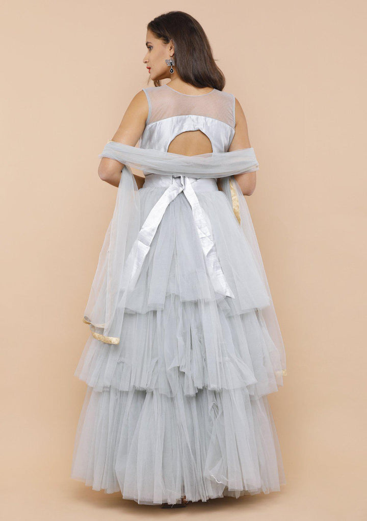 Silver Grey Ruffled Net Designer Lehenga-Koskii