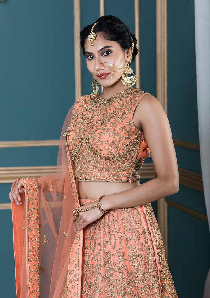 Peach Embellished Net Designer Lehenga-Koskii