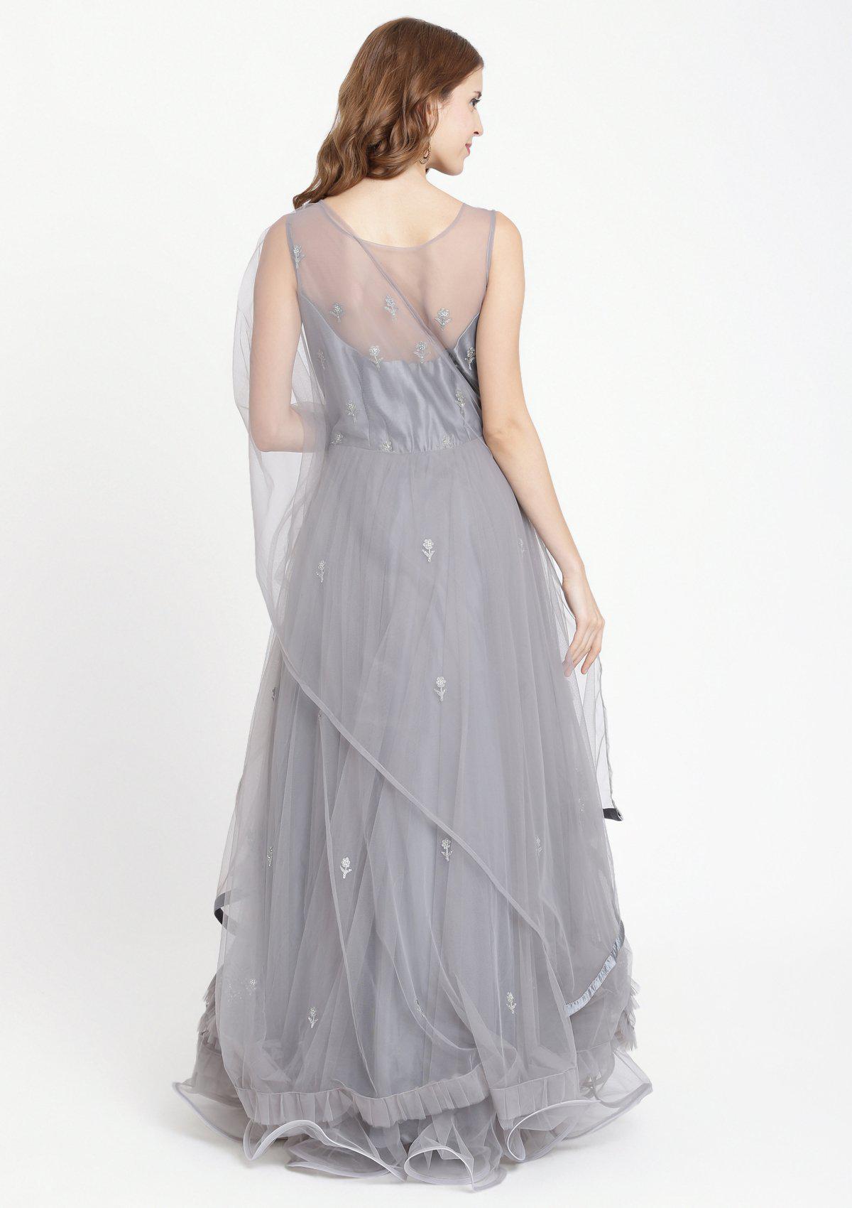 Dark Grey Threadwork Net Designer Gown-Koskii
