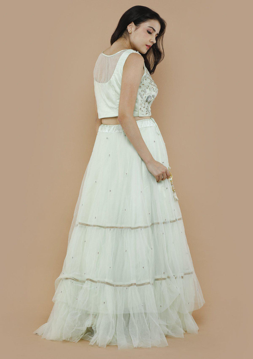 Mint Green Chequered Pearl Designer Lehenga-Koskii