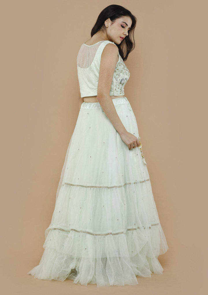 Mint Green Chequered Pearl Designer Lehenga-Koskii