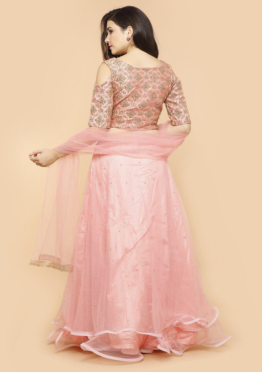 Coral Pink Pearl Silk Designer Lehenga-Koskii