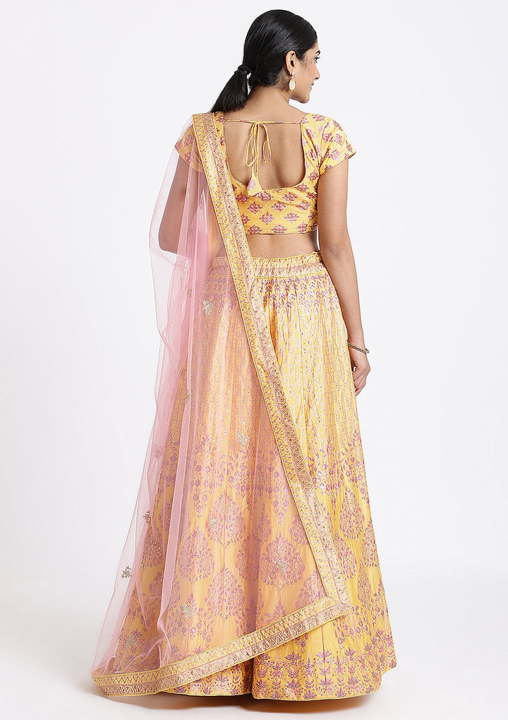 Yellow Sequinned Raw Silk Designer Lehenga-Koskii
