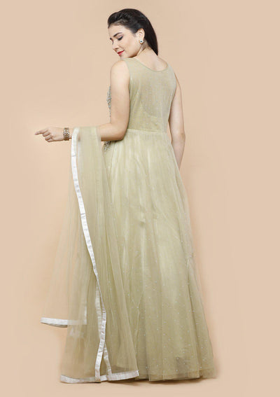 Olive Green Pearl Net Designer Gown-Koskii