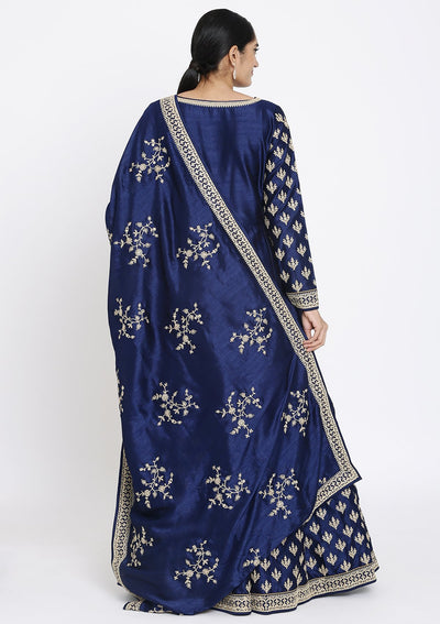 Navy Blue Zariwork Raw Silk Designer Gown - koskii