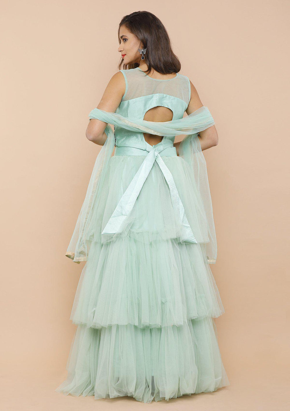 Sea Green Ruffled Net Designer Lehenga-Koskii