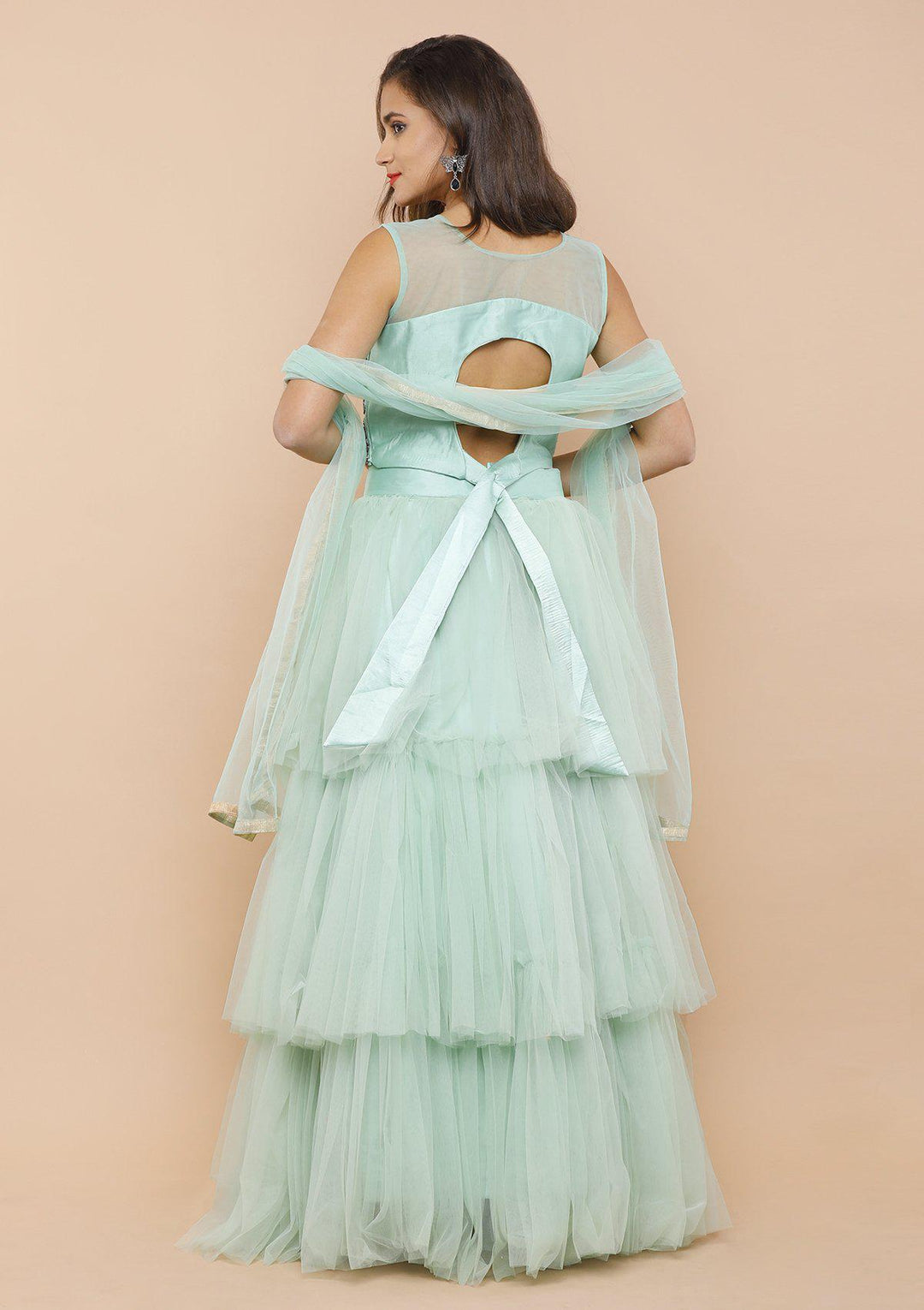 Sea Green Ruffled Net Designer Lehenga-Koskii
