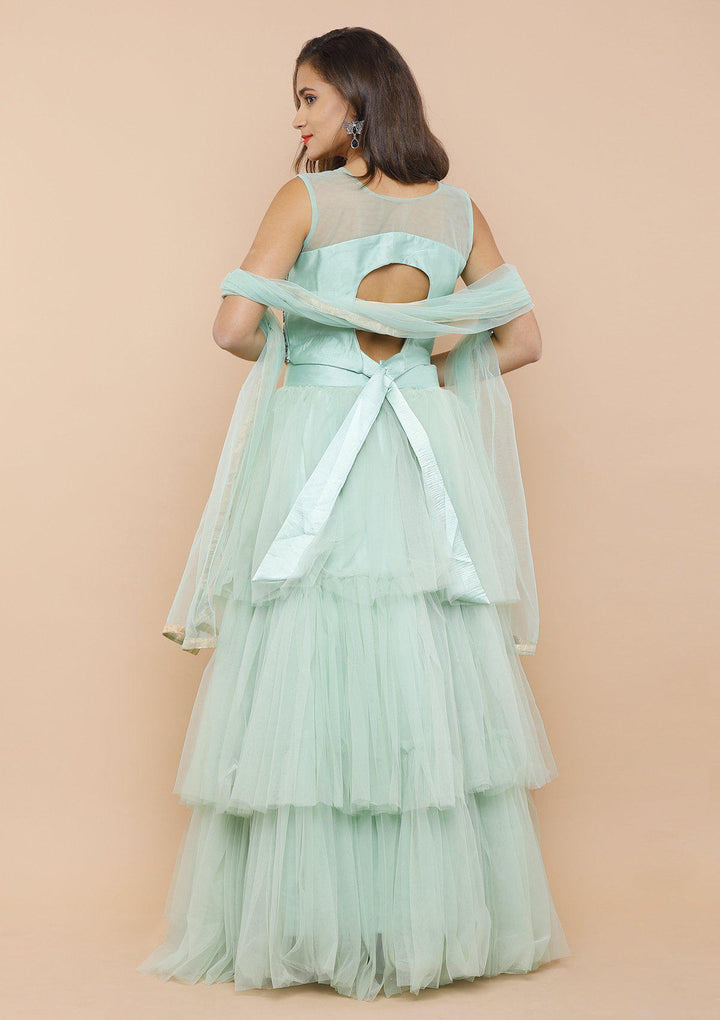 Sea Green Ruffled Net Designer Lehenga-Koskii
