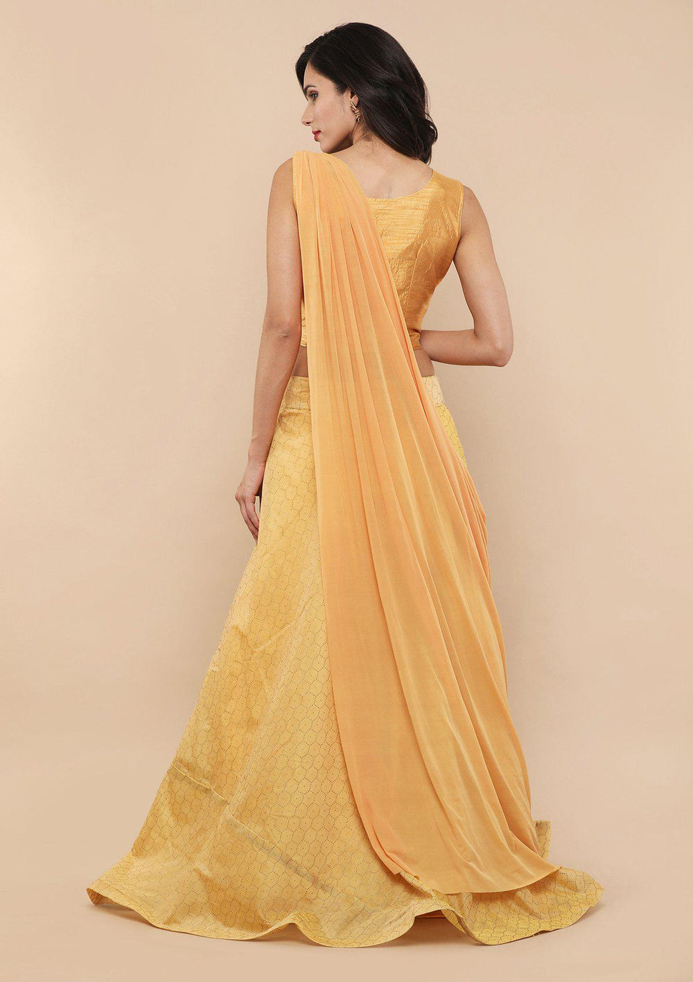 KOSKII YELLOW RAW SILK DRAPE LEHENGA-Koskii