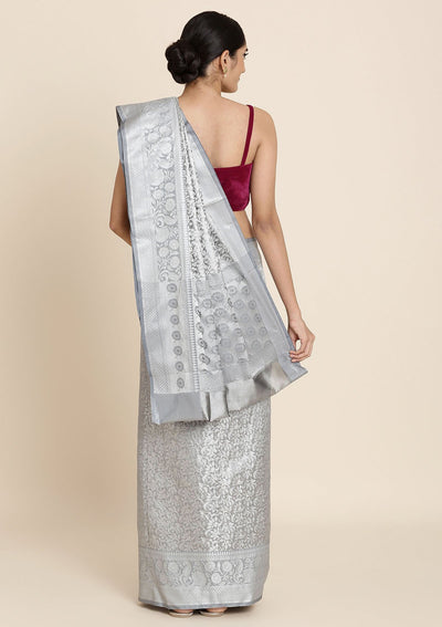 Light Grey Zariwork Tissue Designer Saree - koskii