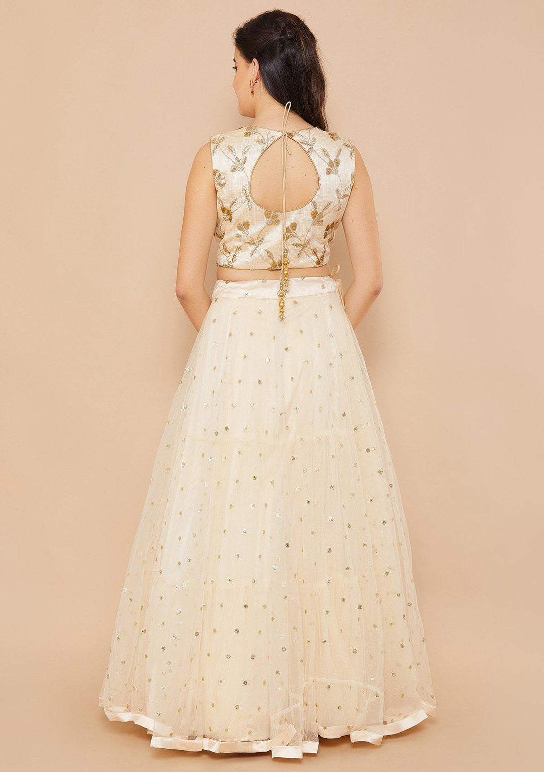 Koskii Mirrorwork Net Cream Lehenga-Koskii
