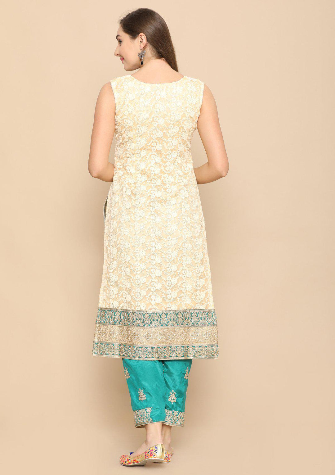 Beige and green designer salwar suit-Koskii