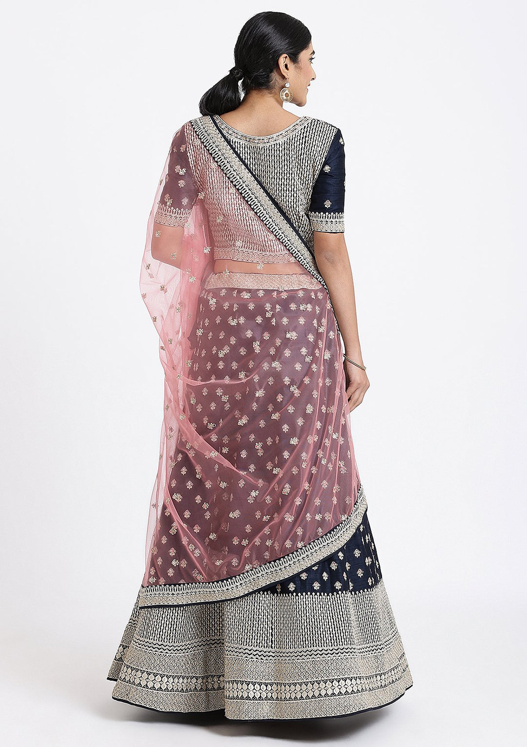 Navy Blue Zariwork Raw Silk Designer Lehenga-Koskii