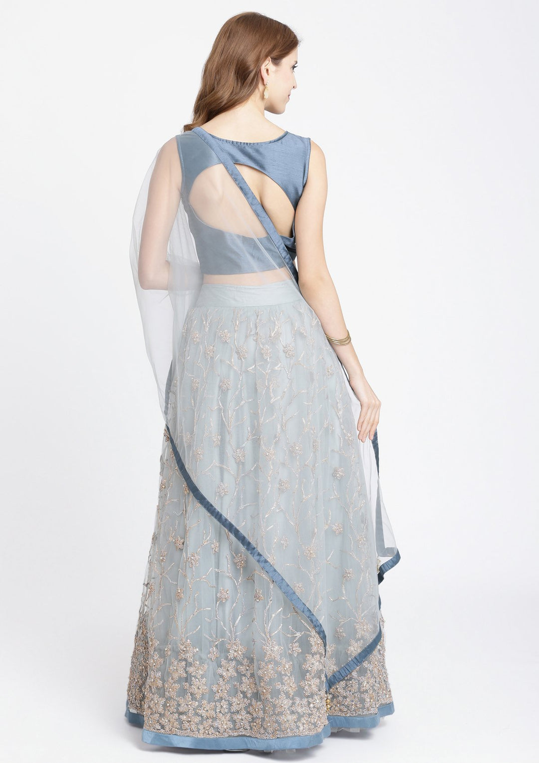 Light Grey Stonework Net Designer Lehenga-Koskii