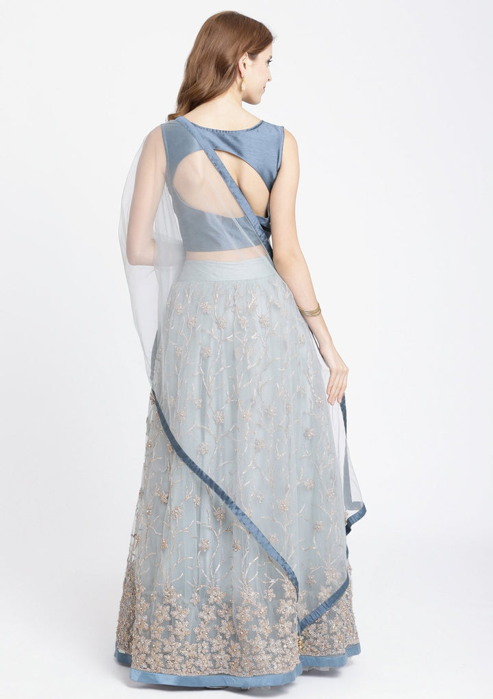 Light Grey Stonework Net Designer Lehenga-Koskii