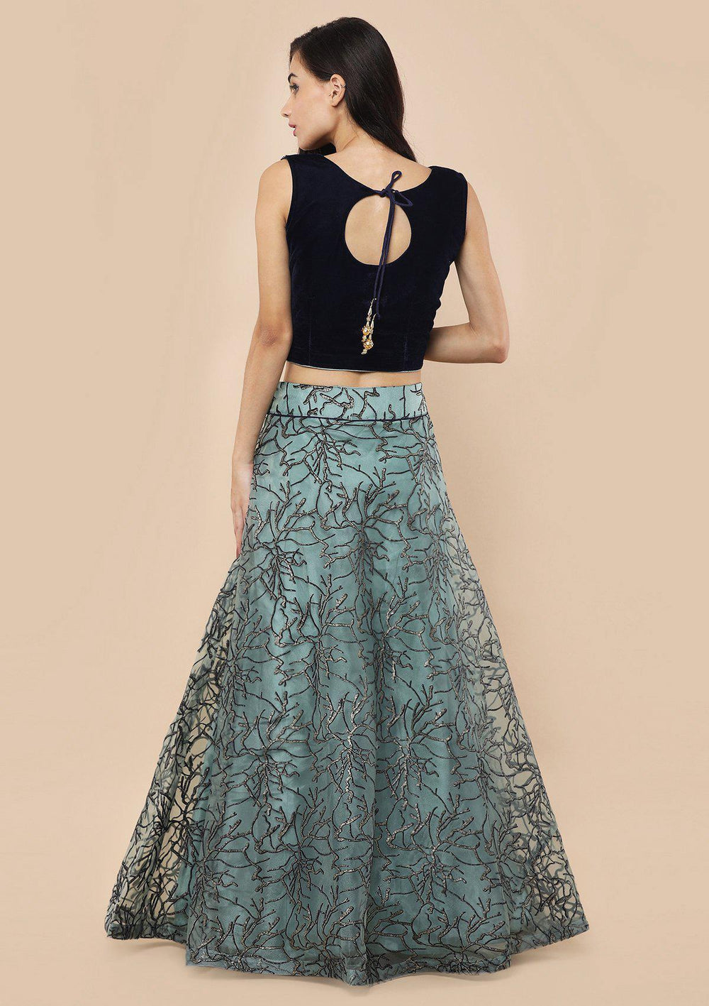 Teal Green Shimmer Appliqu???Ìâ?å©d Velvet Designer Lehenga-Koskii