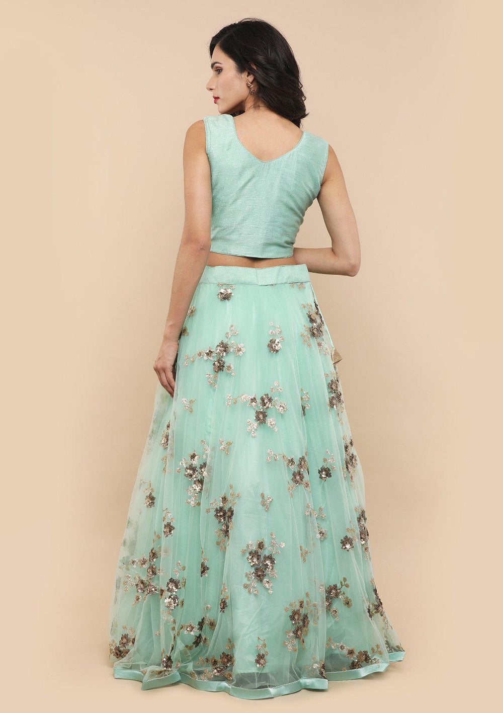 Pista Green Floral Net Designer Lehenga-Koskii