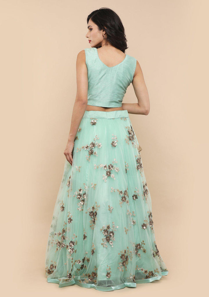 Pista Green Floral Net Designer Lehenga-Koskii