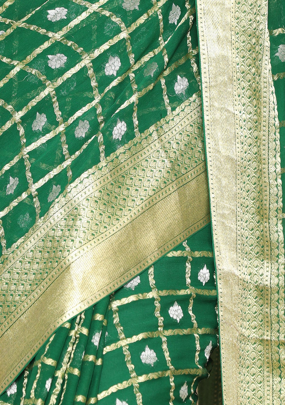 Green Chequered Handmade Saree-Koskii